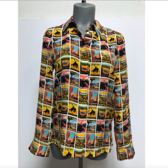 Alice + Olivia Western Postcard with Tag Print Silk Shirt Button-down Top - Picture 5 of 15